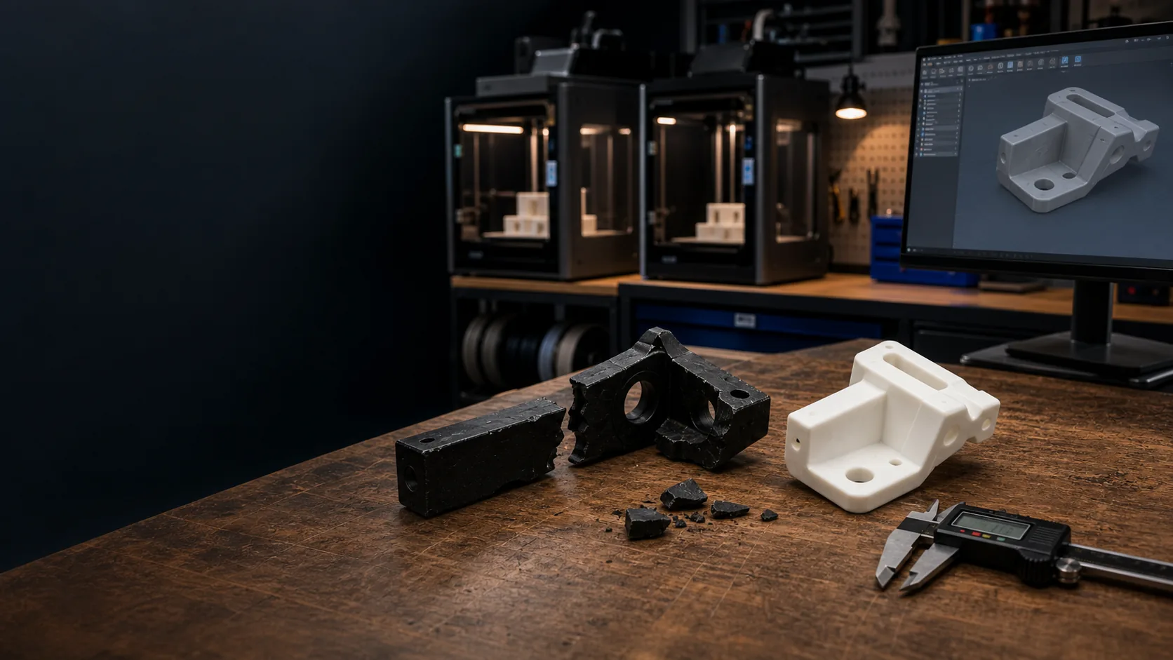 Illustrative reverse-engineering workbench with a broken part, CAD model, replacement part, calipers, and enclosed FDM printers.