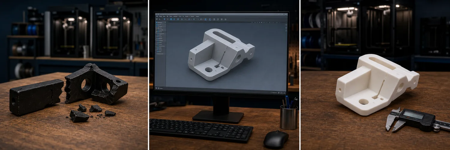 Illustrative three-step workflow: broken bracket pieces, CAD reverse-engineering model, and finished replacement part.