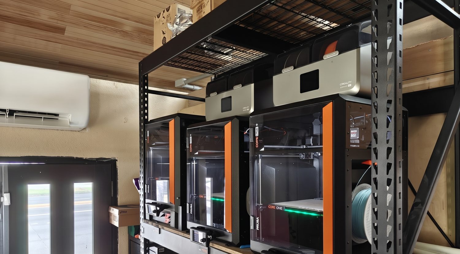 The bank of enclosed printers in the Guam workshop
